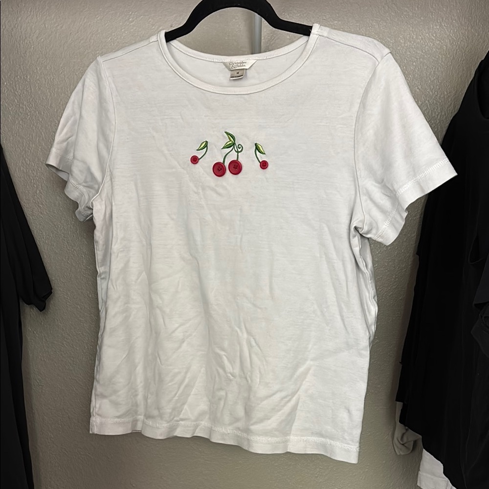 Christopher & Banks White with Cherry Buttons Embroidered Short Sleeve Polo Tee